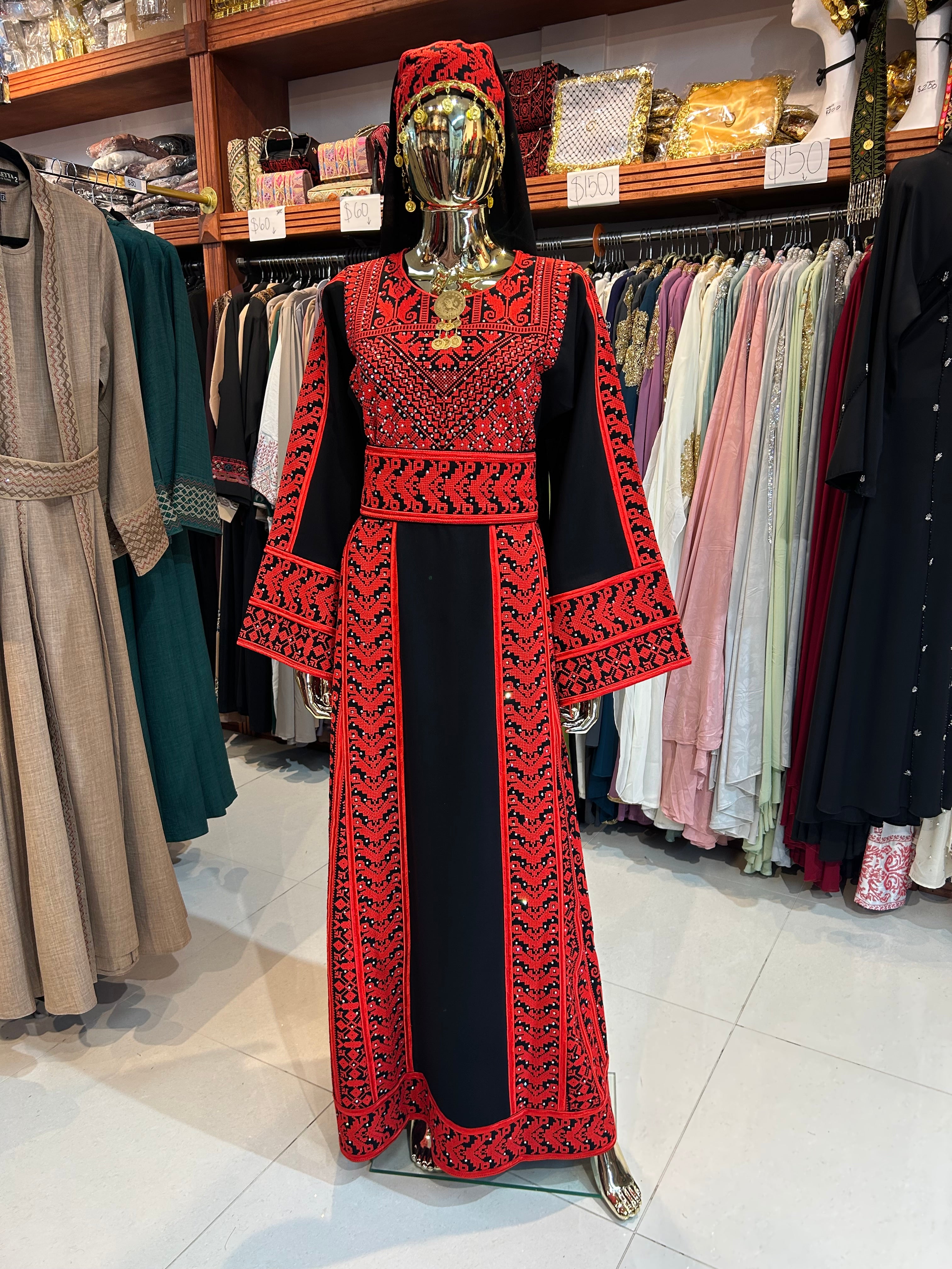 modern palestinian dress Elegant Red & Black Thobe
