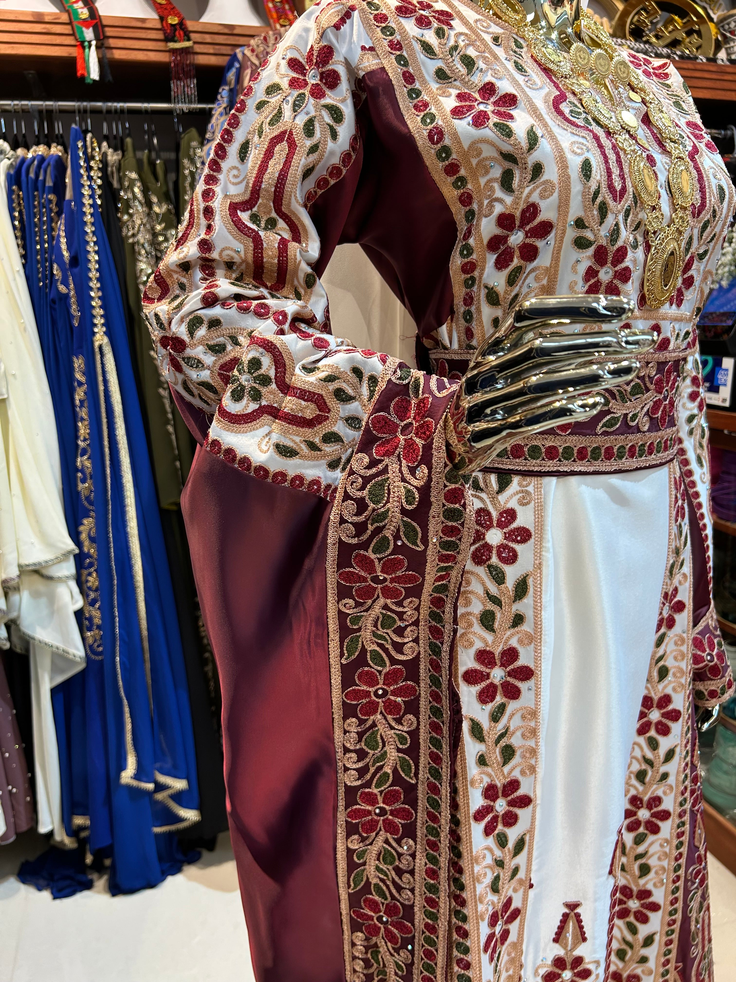 Burgundy & White High-Quality Embroidered Thobe