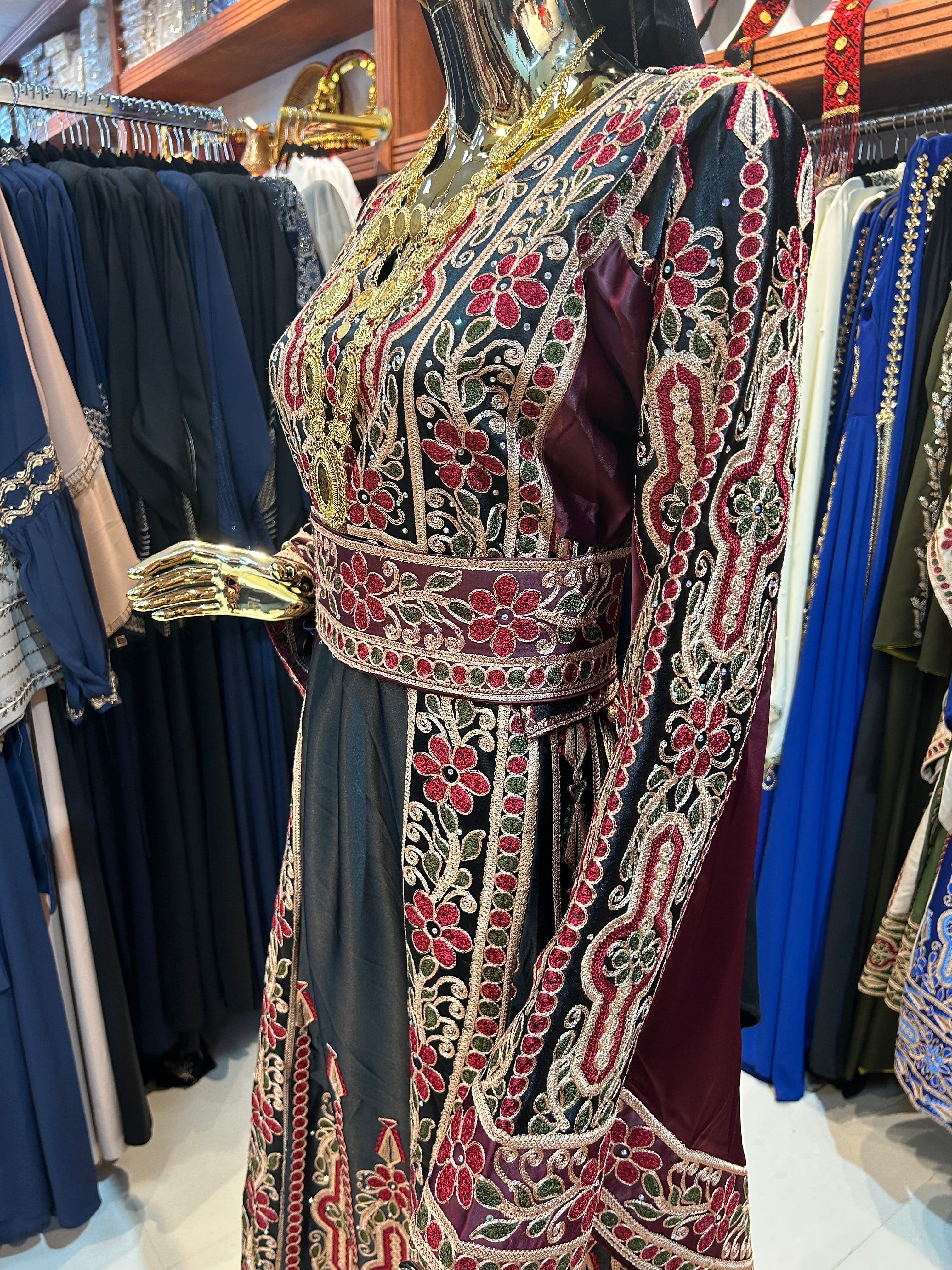 Burgundy & Black High-Quality Embroidered Thobe