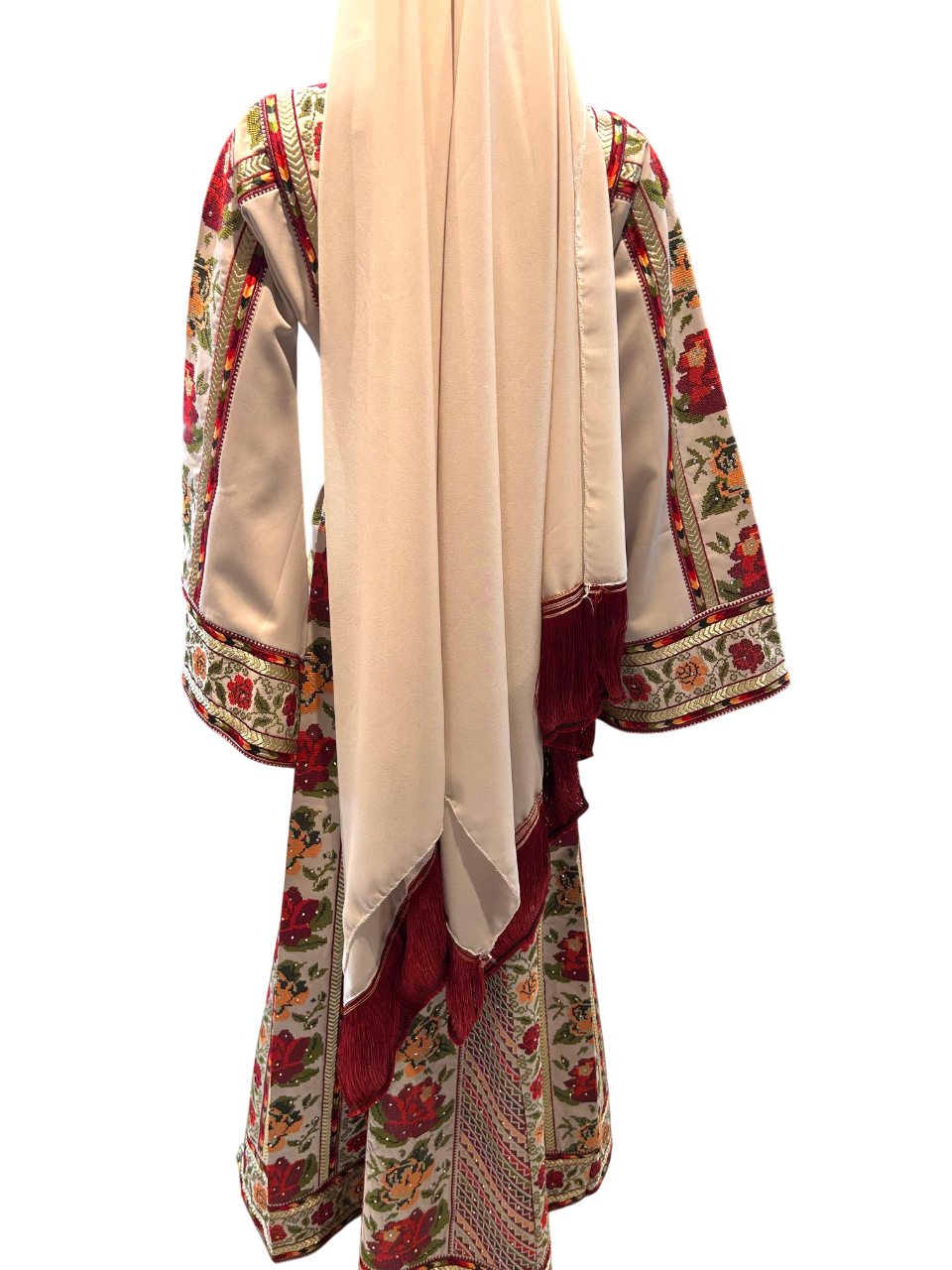 Embroidered Biege Rose Thobe | Includes Matching Bag & Shawl |