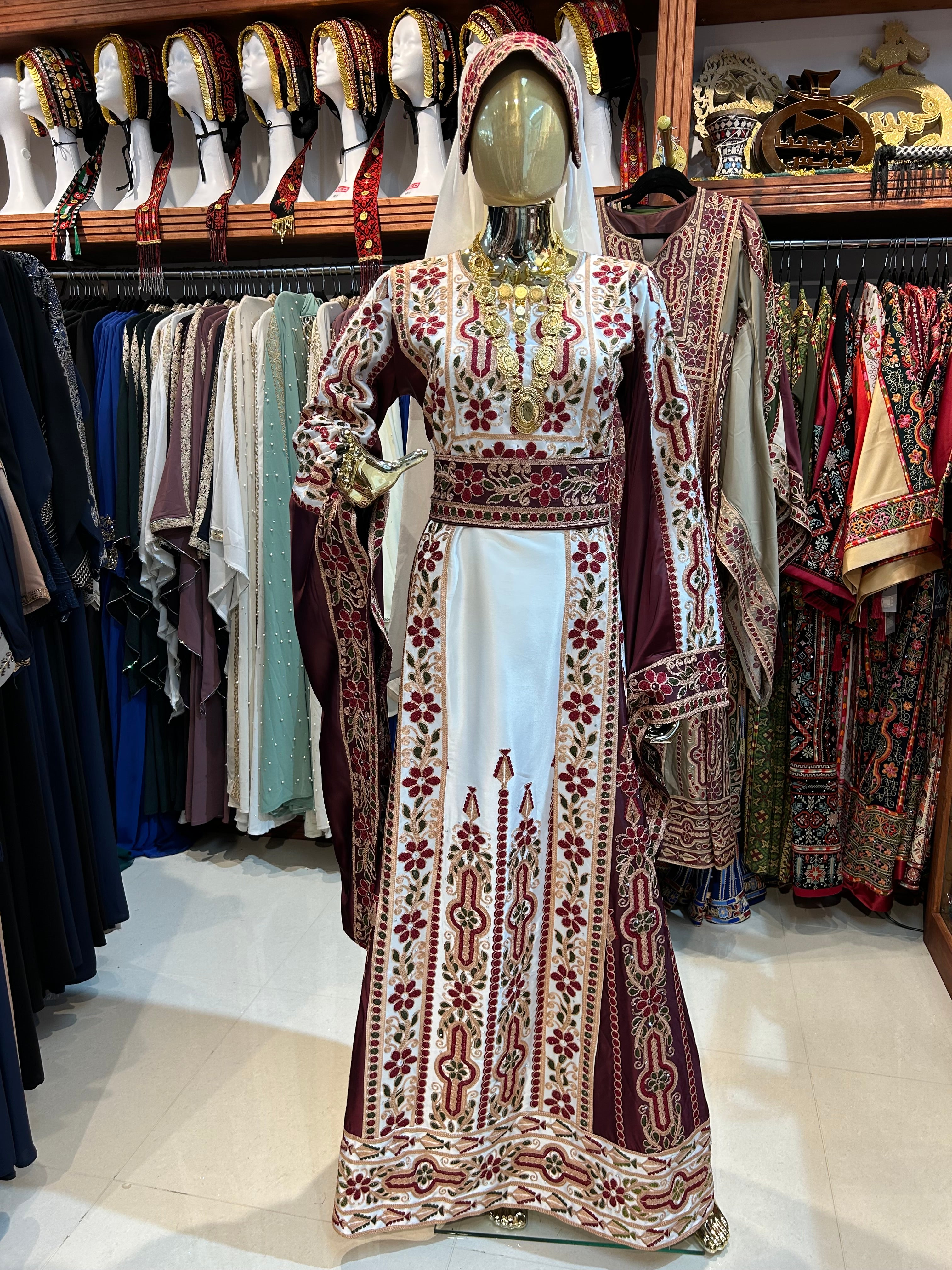 Burgundy & White High-Quality Embroidered Thobe