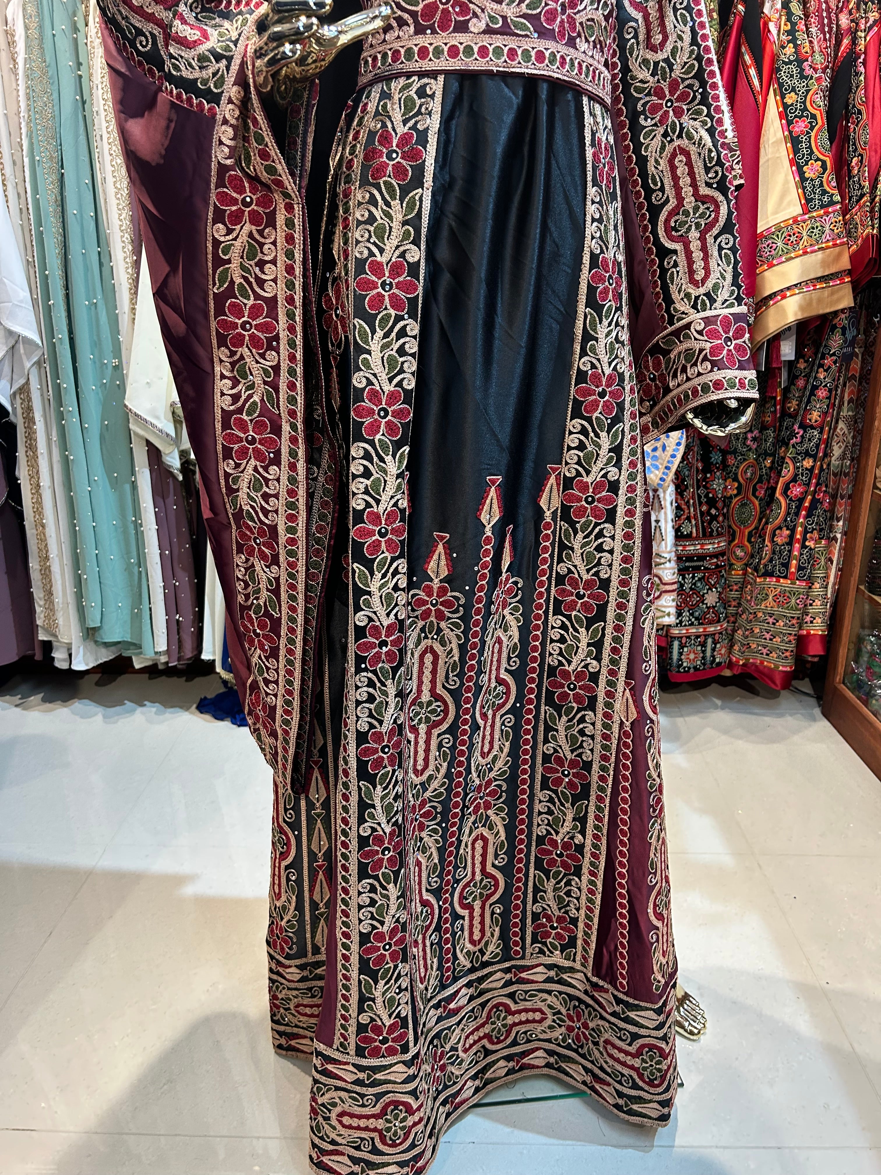 Burgundy & Black High-Quality Embroidered Thobe