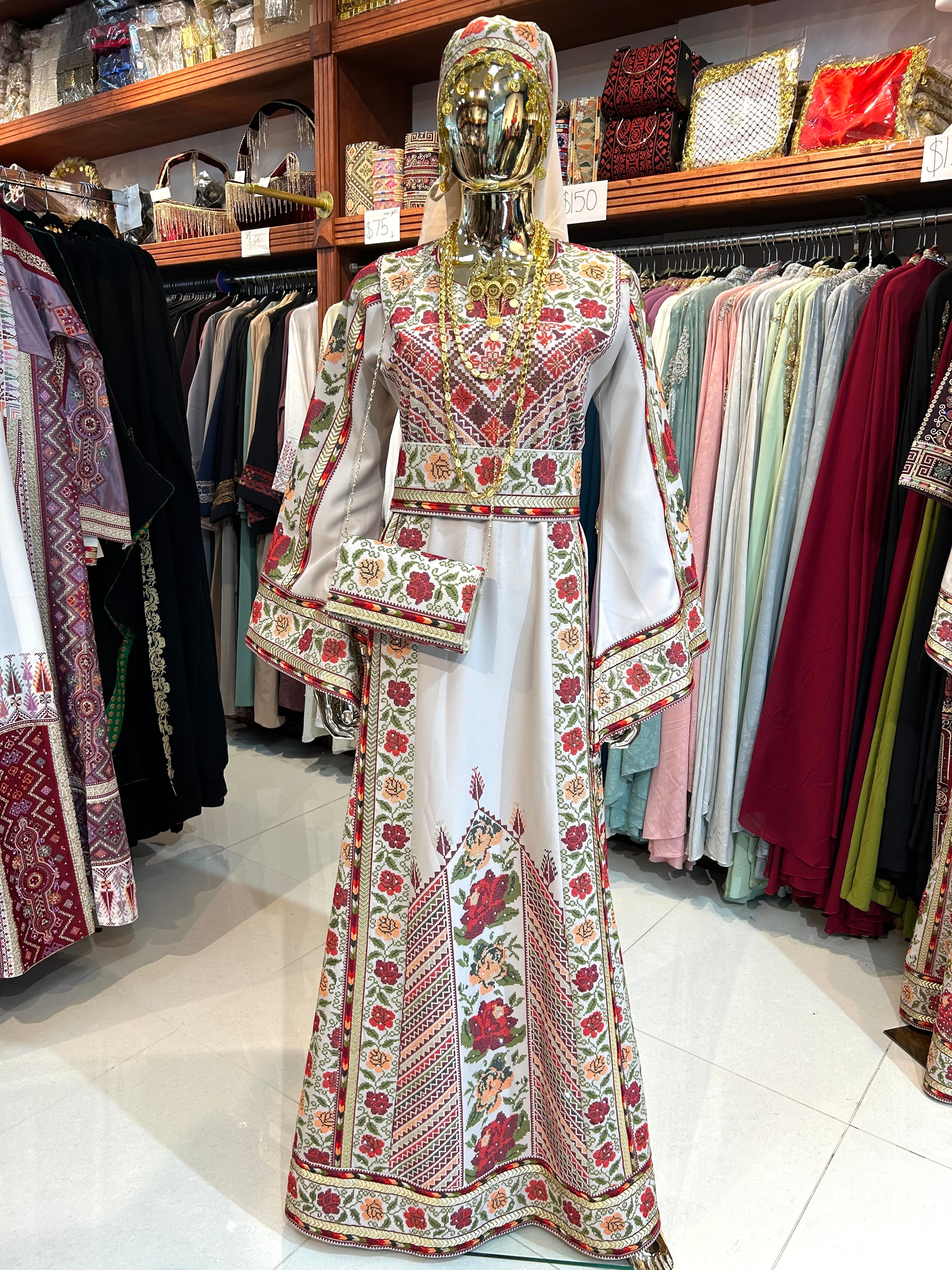 Embroidered Biege Rose Thobe | Includes Matching Bag & Shawl |