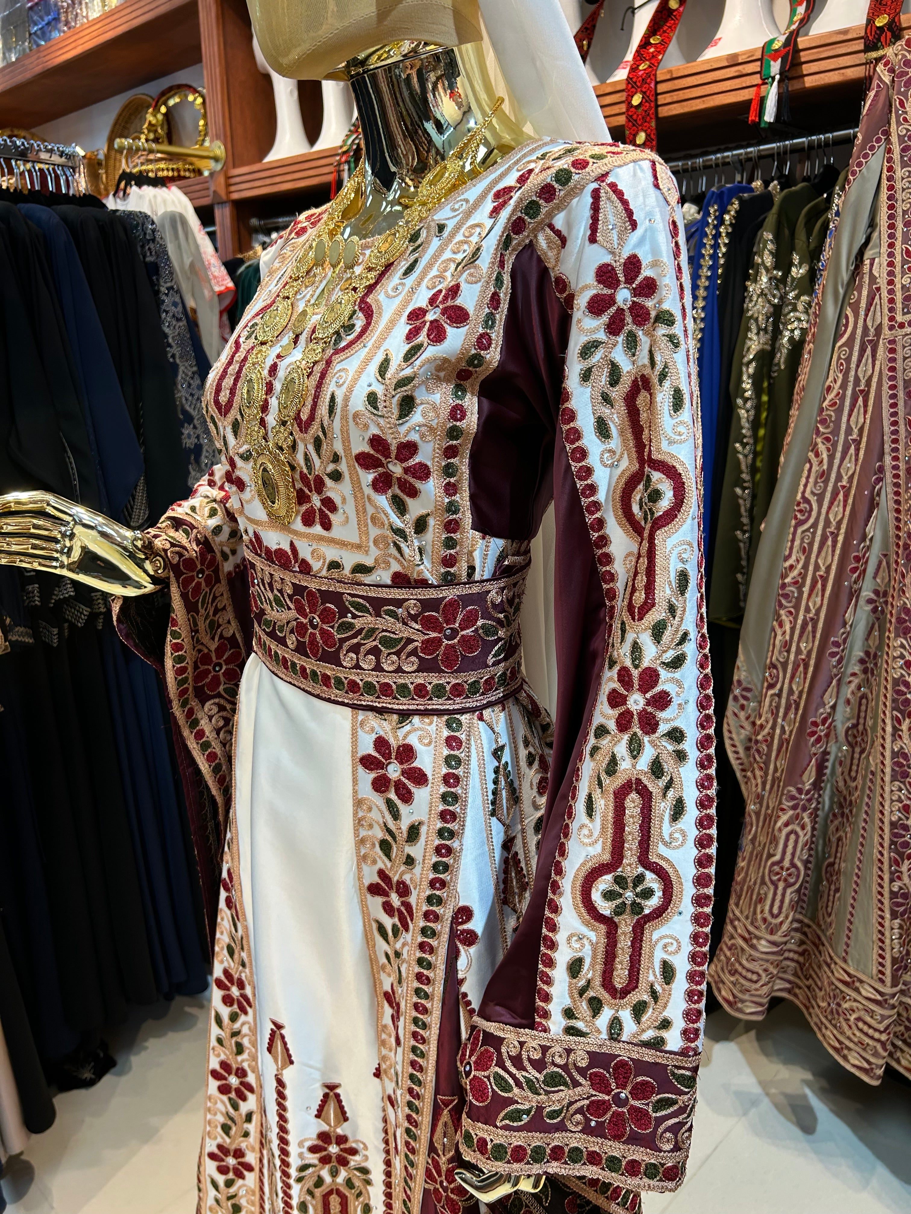 Burgundy & White High-Quality Embroidered Thobe