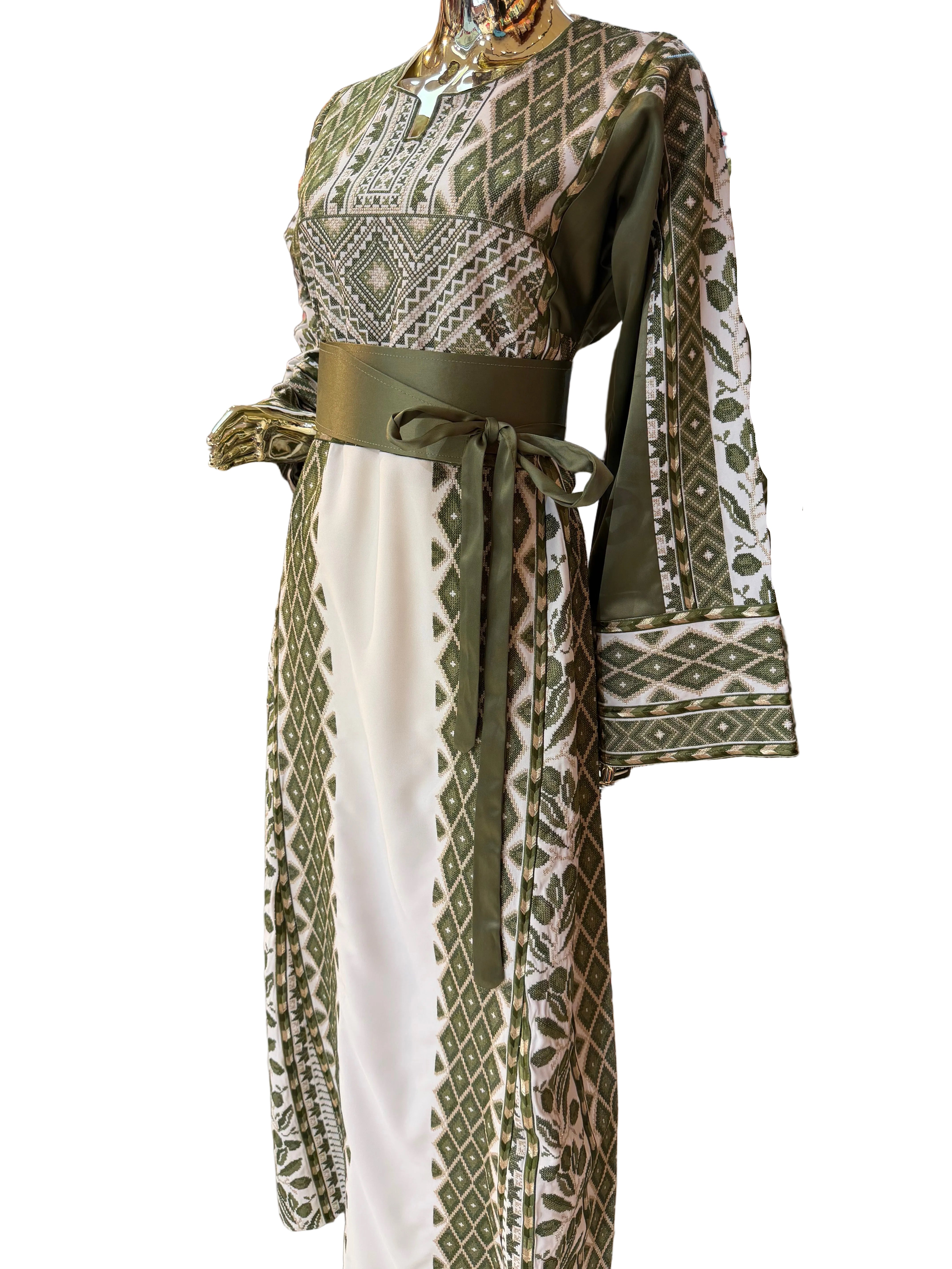 White & Green Olive Thobe