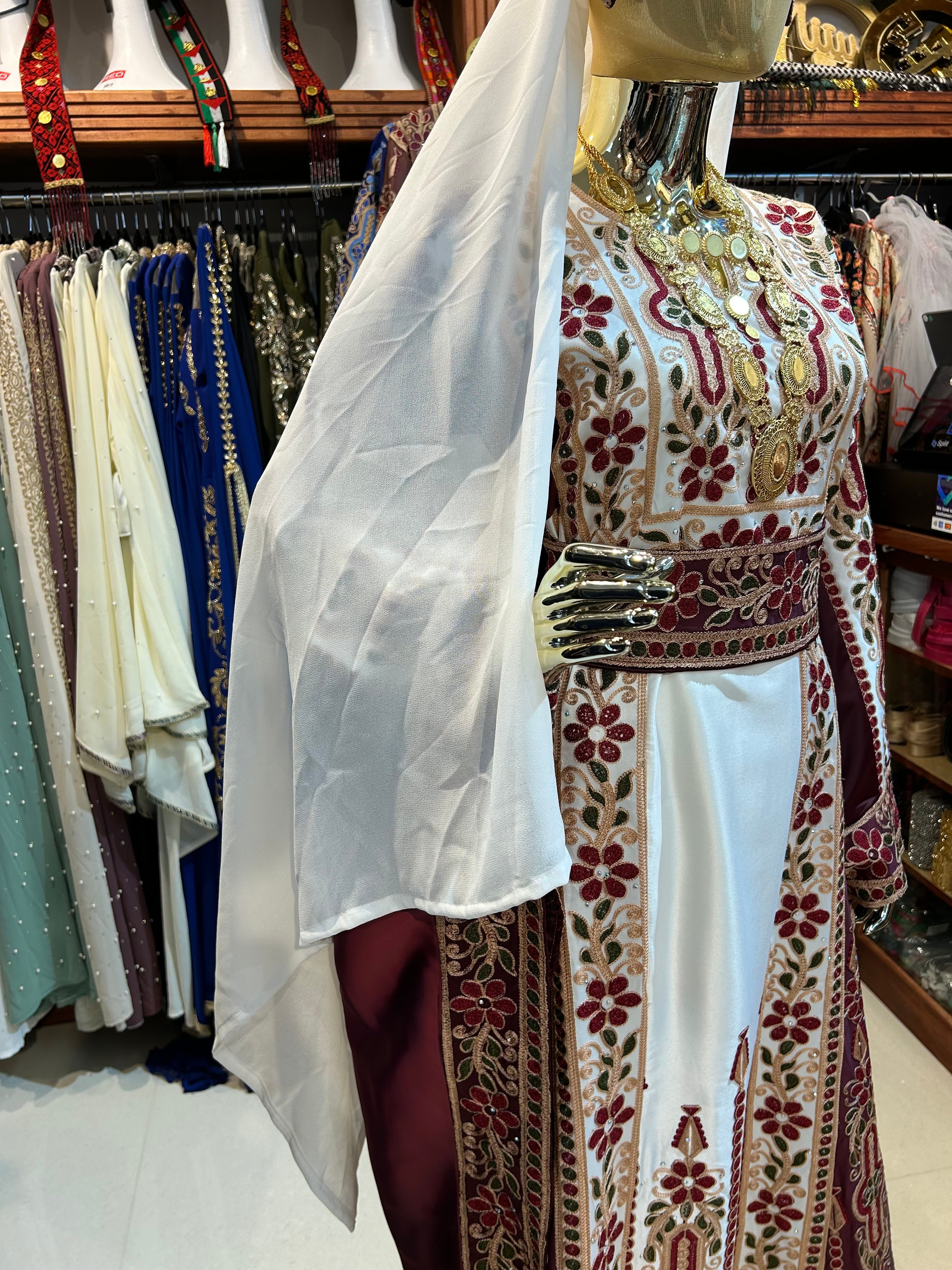 Burgundy & White High-Quality Embroidered Thobe