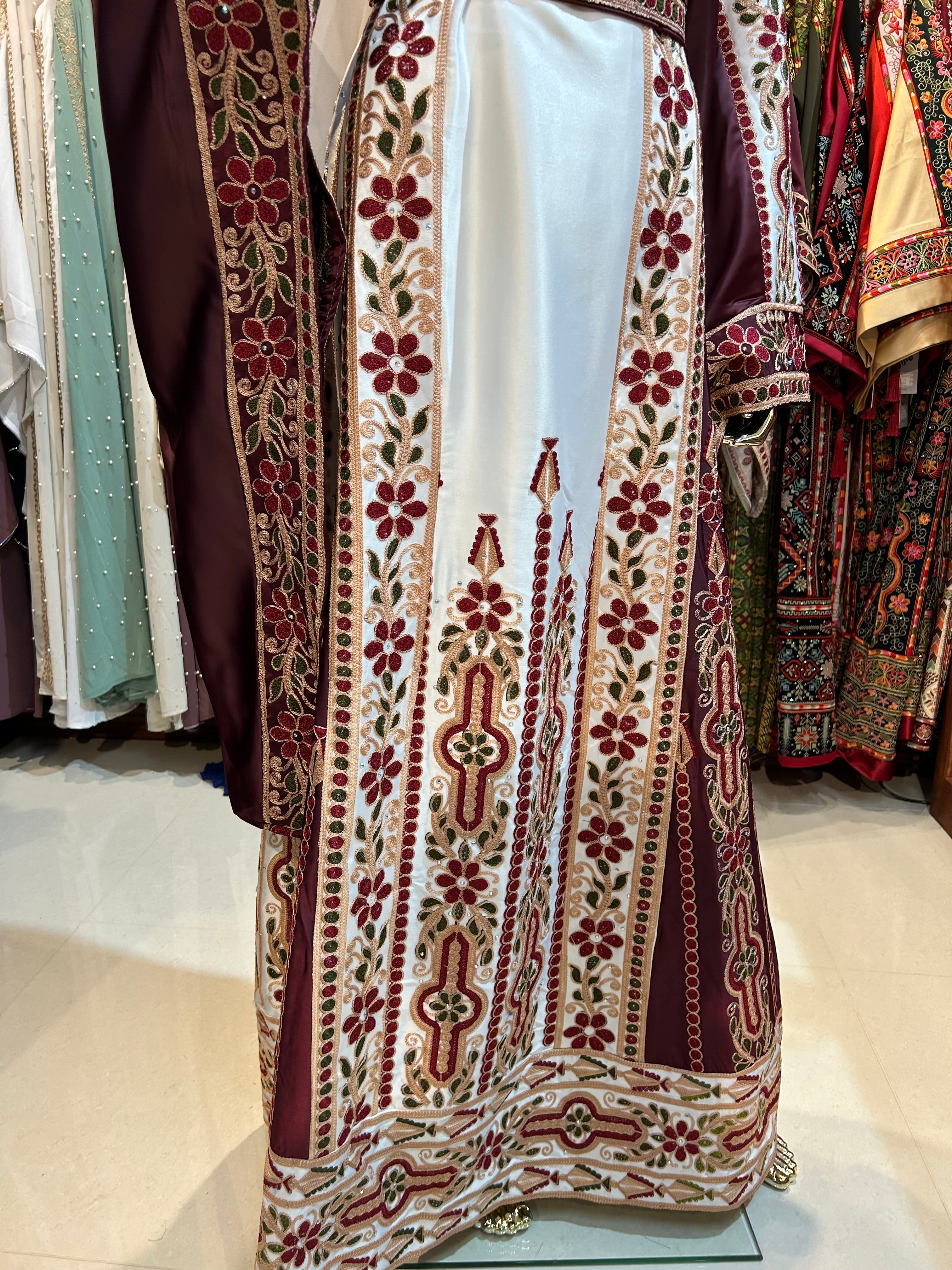 Burgundy & White High-Quality Embroidered Thobe