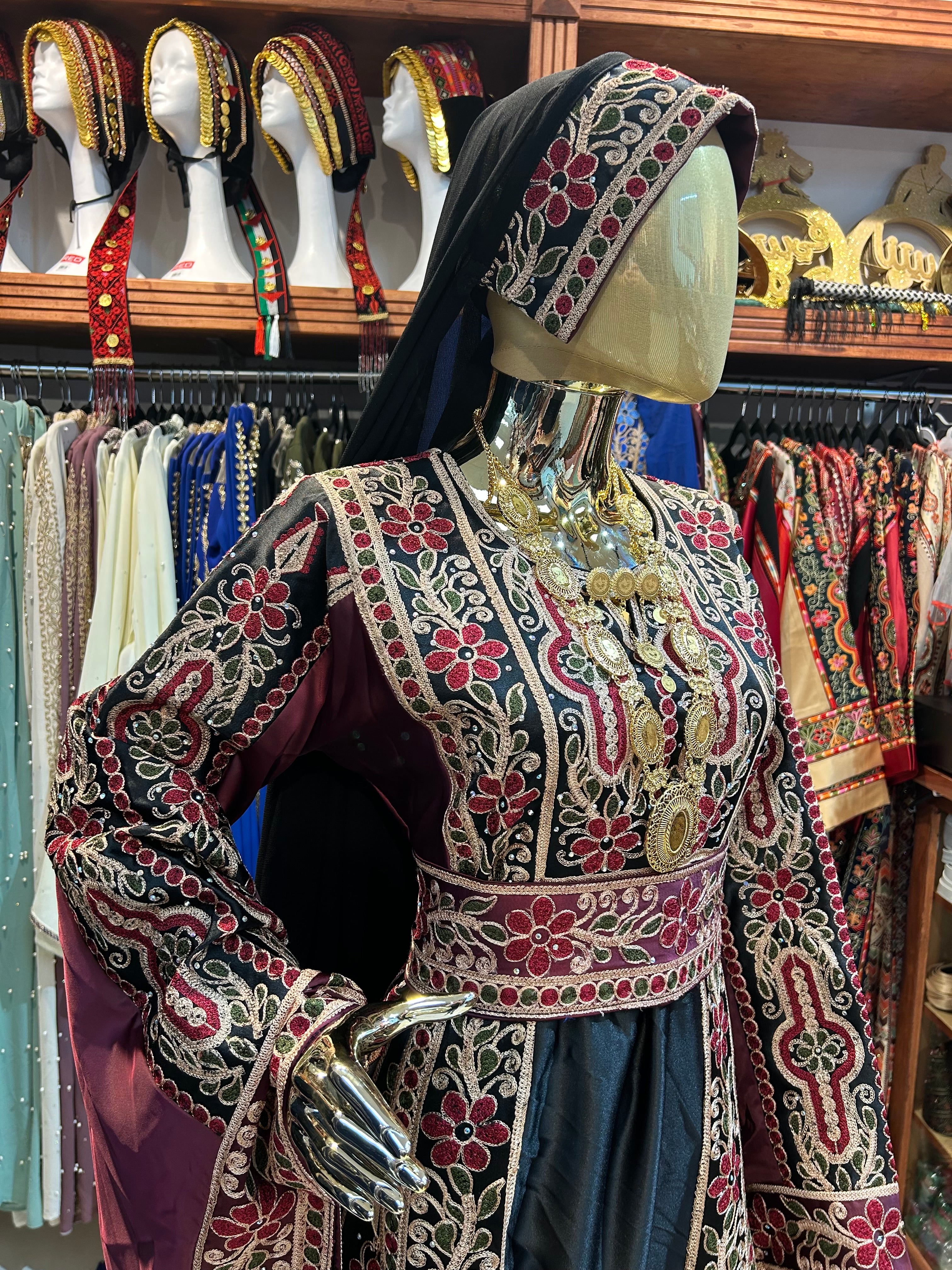 Burgundy & Black High-Quality Embroidered Thobe