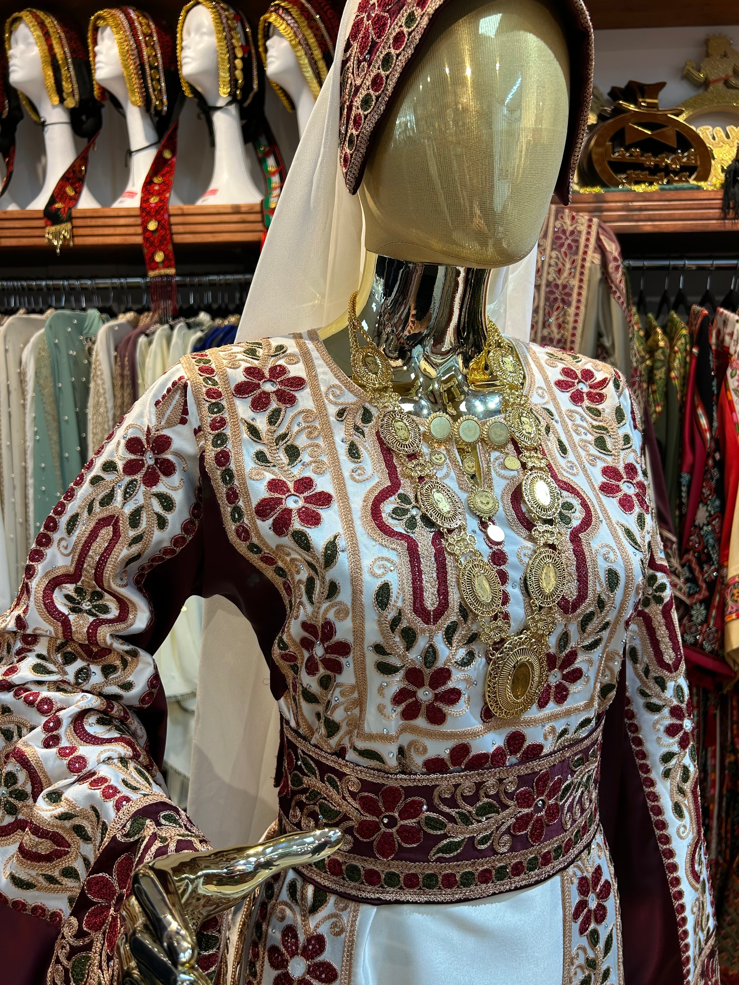 Burgundy & White High-Quality Embroidered Thobe