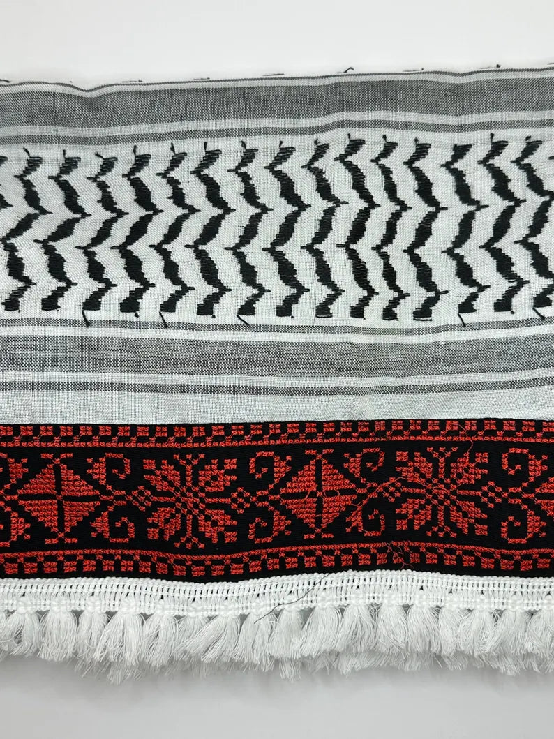 Palestinian Tatreez style Kuffieyeh made in Jordan | Hattah, Kuffeyeh, Kufiya